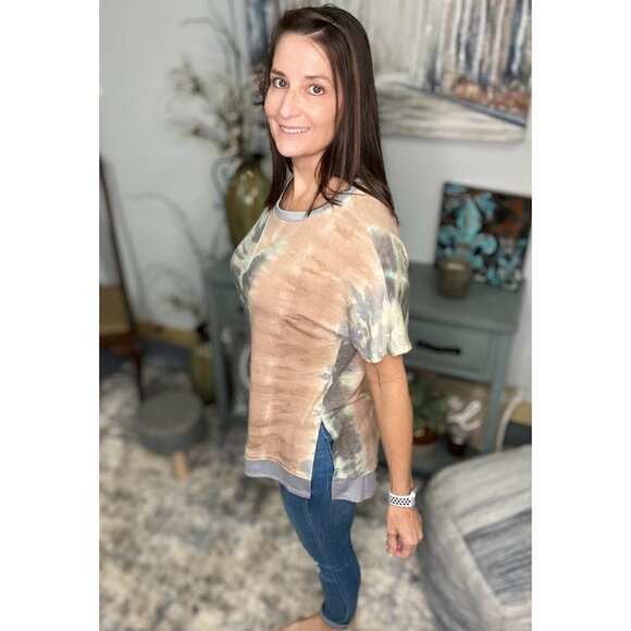 Tie Dye Hi Low Split Side Contrast Short Sleeve Round Neck Boho Peach Gray 3211 - Picture 3 of 12
